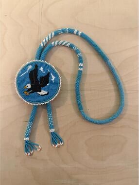 Vintage Native American Eagle beaded medallion bolo beaded tie Navajo Rosette